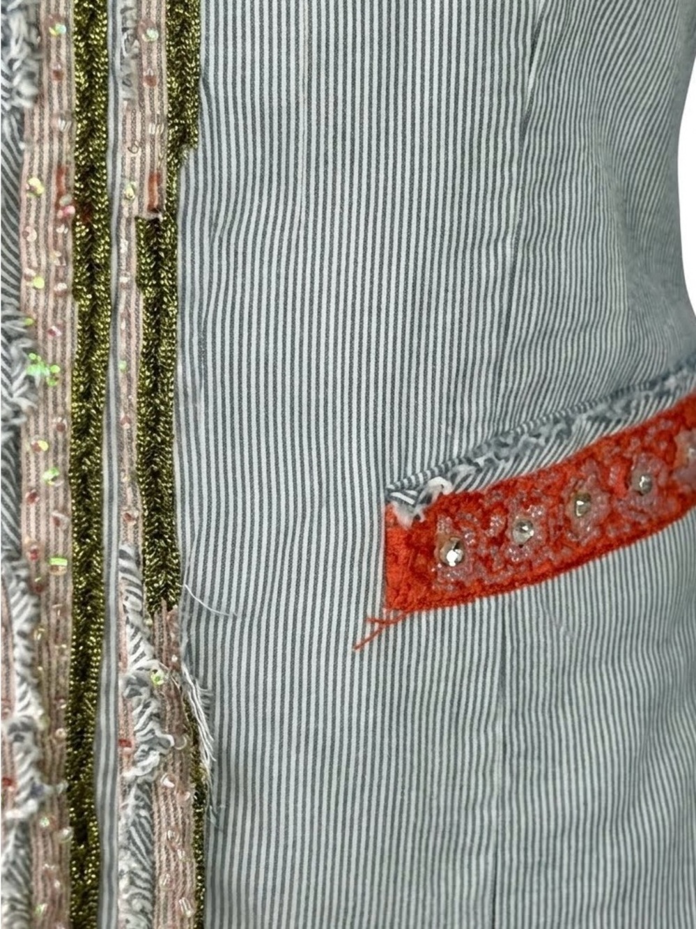 Free People My Fair Lady Cropped Pinstripe Jacket - Beaded Boho Blazer Sz 10 - Picture 6 of 9